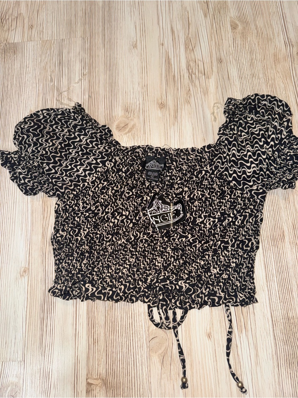 Angie Black and Cream Smocked Puff-Sleeve Crop Top